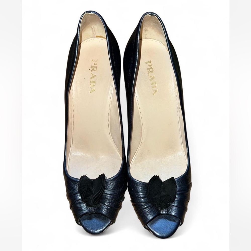 Vintage Prada Black Peep-Toe Leather Heels with Rosette Detail